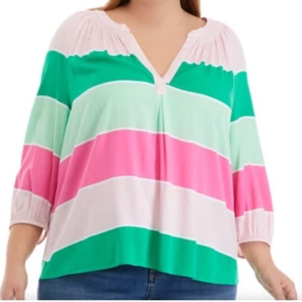 CROWN & IVY Rugby Rainbow Stripe Womens V Neck Top Size 3X EUC